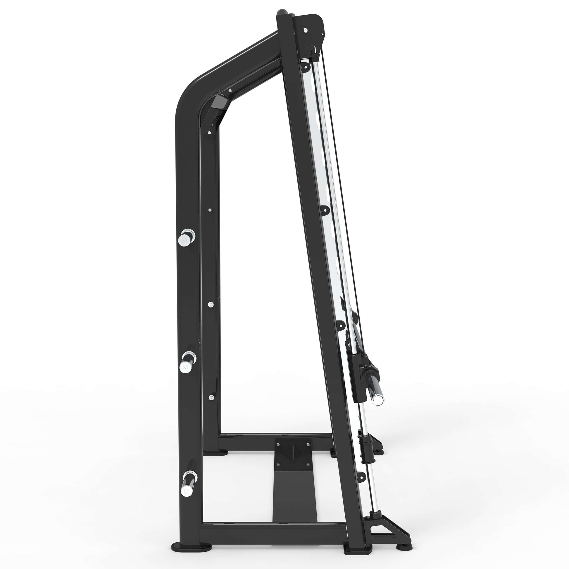 Side view of a commercial Smith machine with heavy-duty steel frame and cable pulley system for strength training.