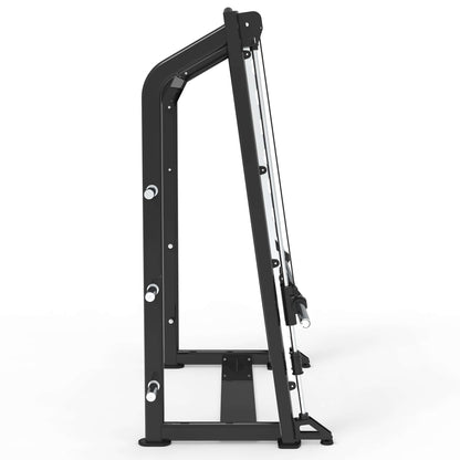 Side view of a commercial Smith machine with heavy-duty steel frame and cable pulley system for strength training.