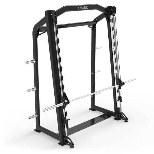 Heavy-duty commercial Smith machine with 11-gauge steel construction and self-spotting capability for strength training.