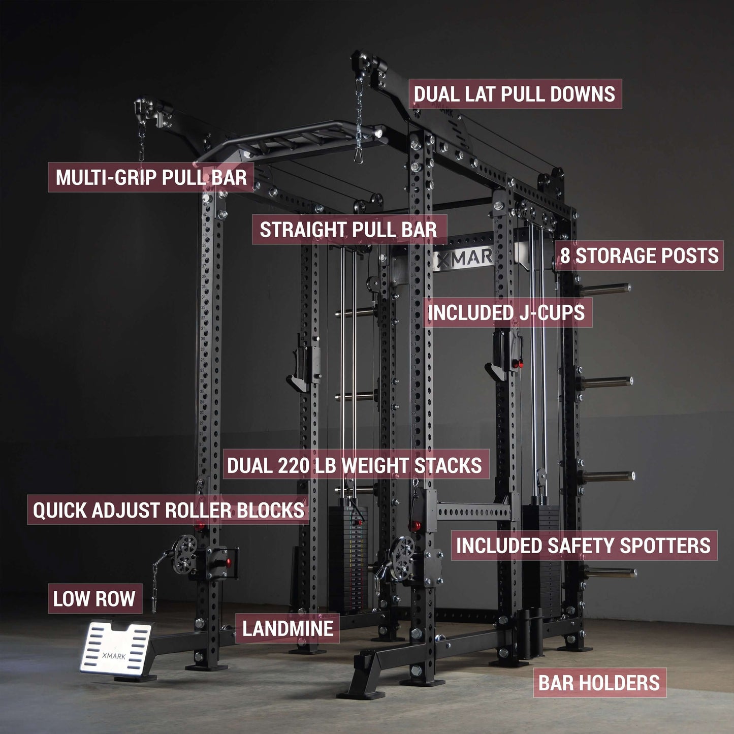 Commercial power rack cable machine with dual weight stacks, multi-grip bars, and safety features for various workouts.