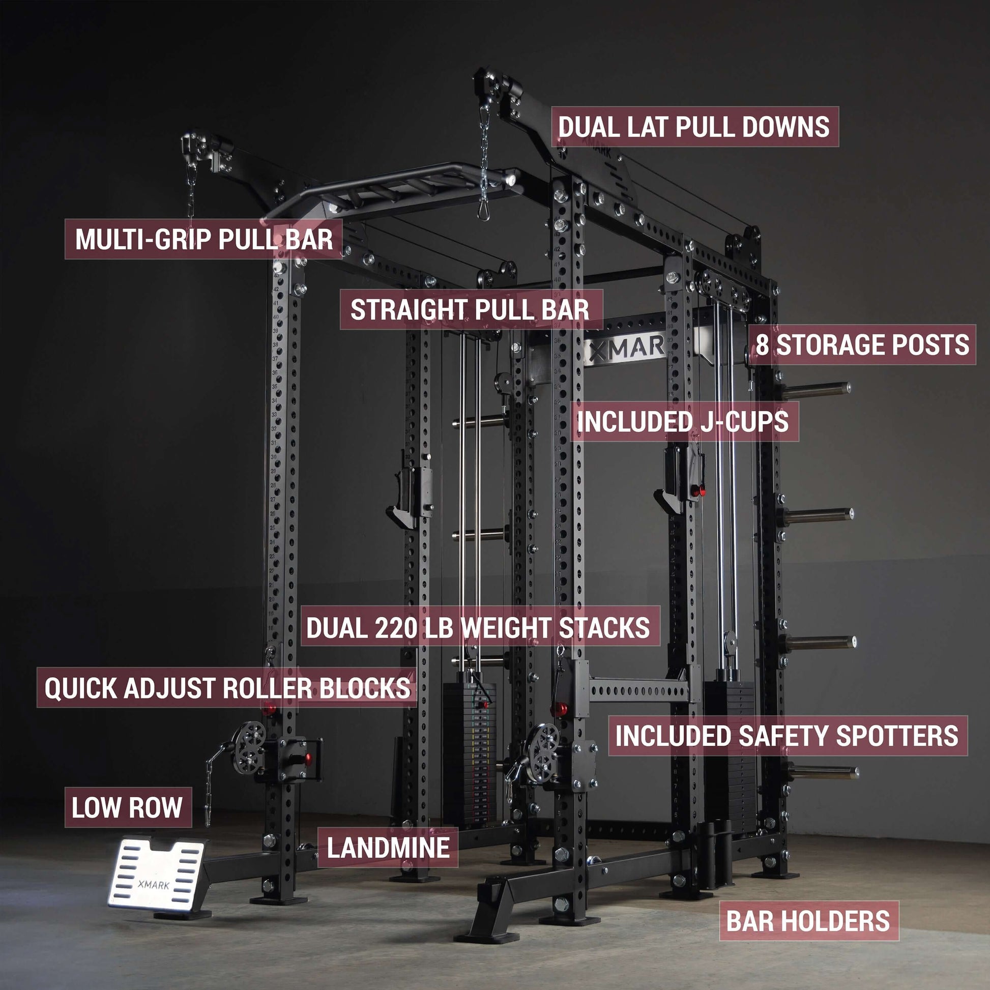 Commercial power rack cable machine with dual weight stacks, multi-grip bars, and safety features for various workouts.
