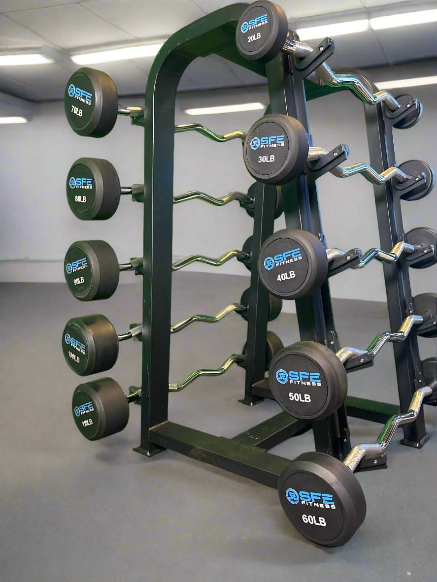SFE Rubber Fixed EZ Curl Barbell SET 20LBs - 110LBs with Rack - close side view with EZ barbells loaded