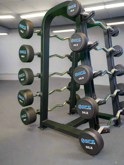 SFE Rubber Fixed EZ Curl Barbell SET 20LBs - 110LBs with Rack - close side view with EZ barbells loaded