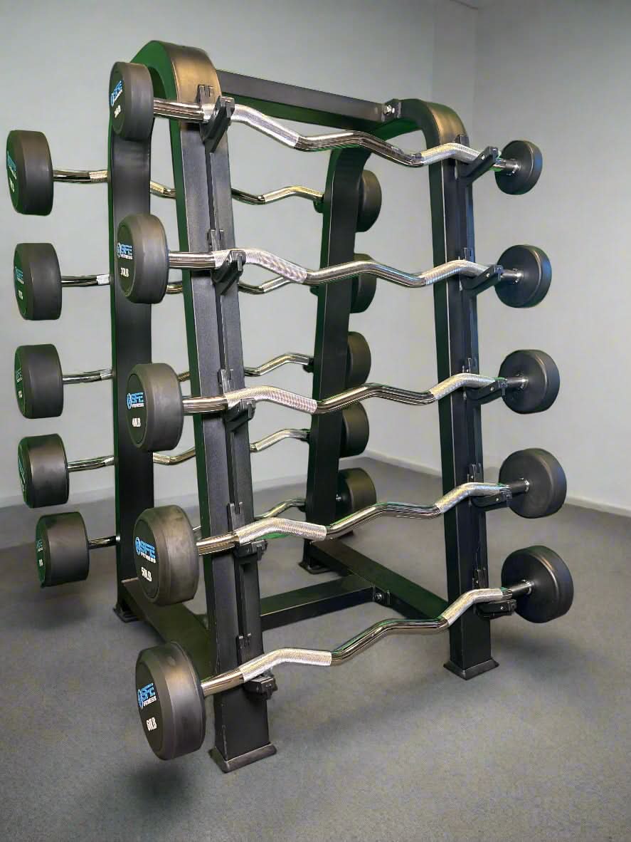 SFE Rubber Fixed EZ Curl Barbell SET 20LBs - 110LBs with Rack - perspective view with EZ barbells loaded 