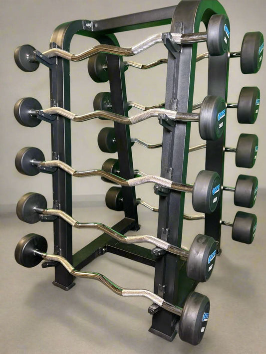 SFE Rubber Fixed EZ Curl Barbell SET 20LBs - 110LBs with Rack - close perspective view with EZ barbells loaded 
