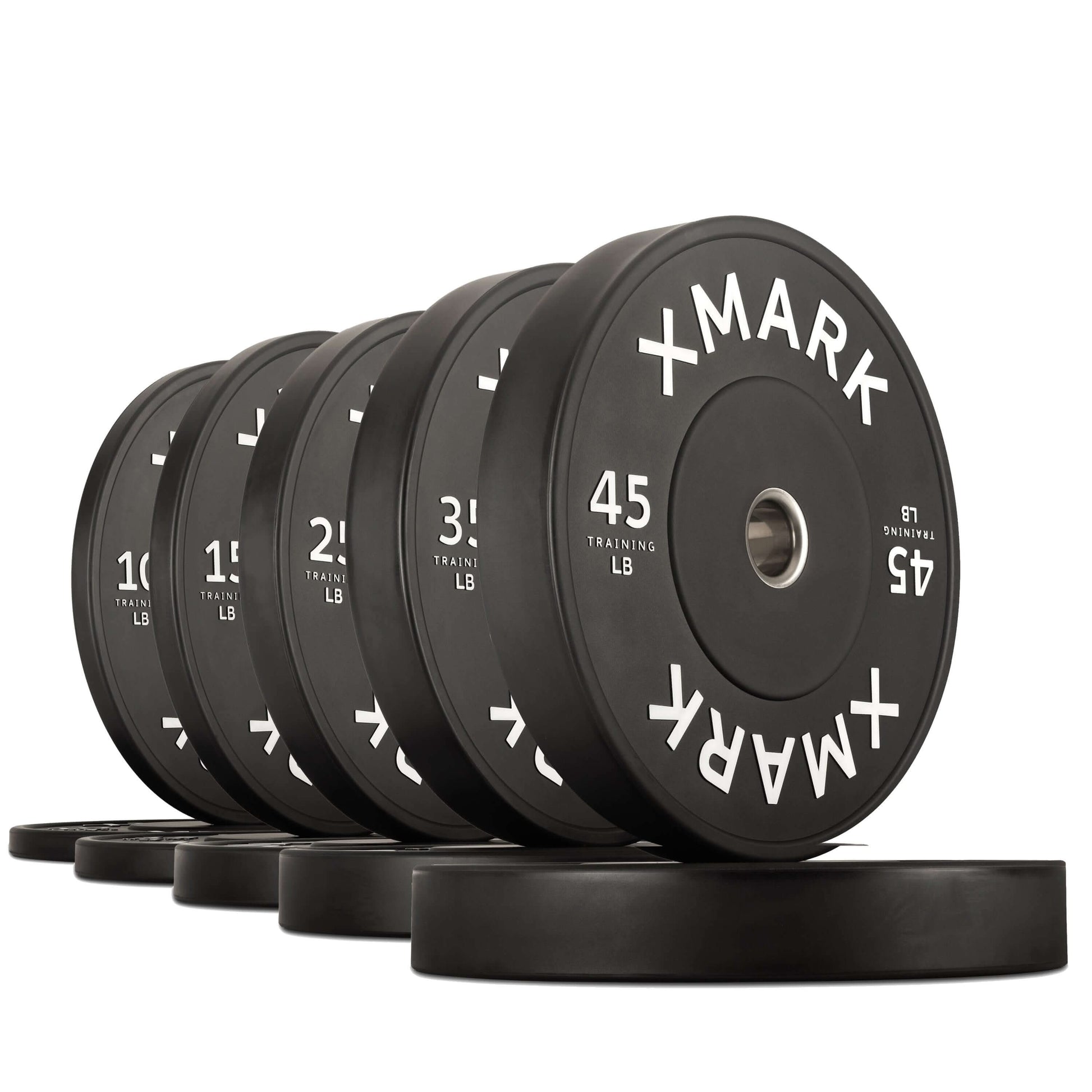 Commercial black bumper plates by XMARK, featuring a gloss matte finish and built for heavy-duty, impact-absorbing training.