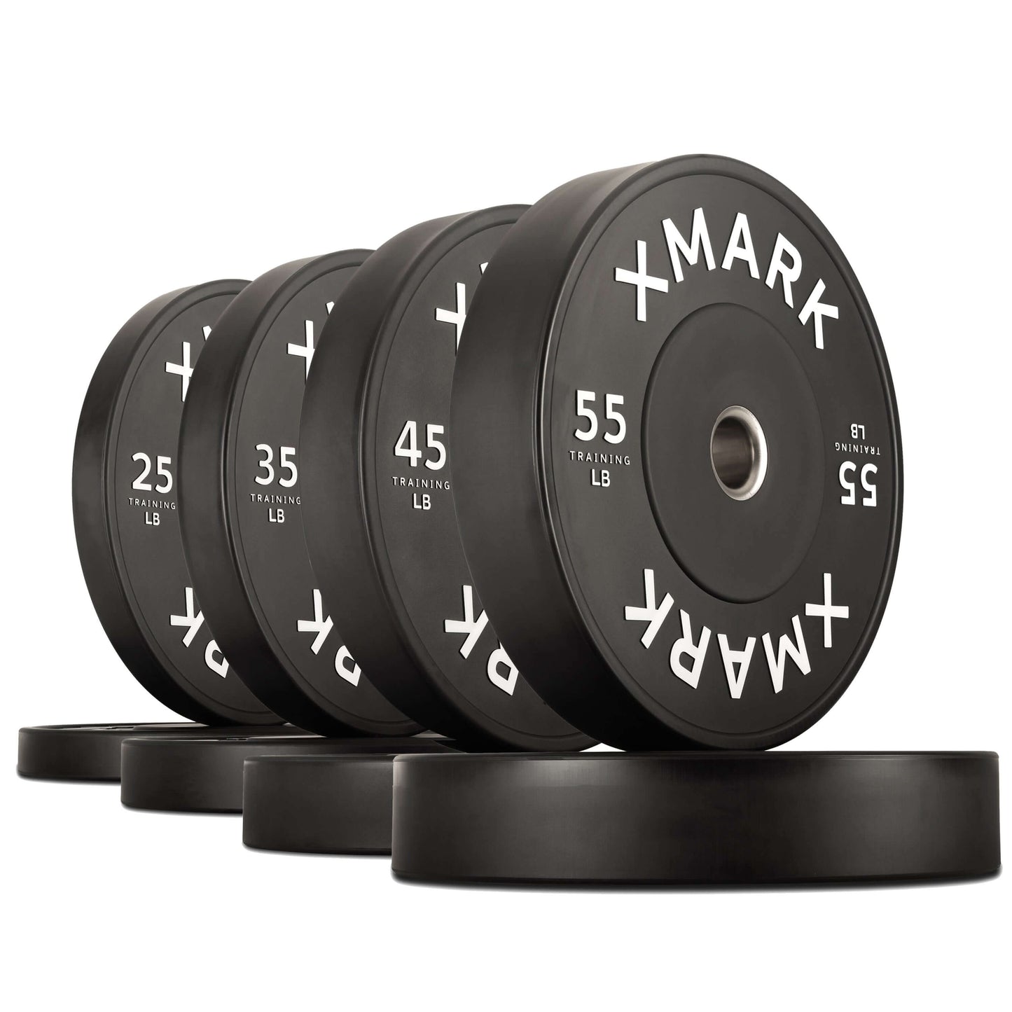 Commercial black bumper plates in various weights (25, 45, 55 lbs) designed for durability and impact absorption.