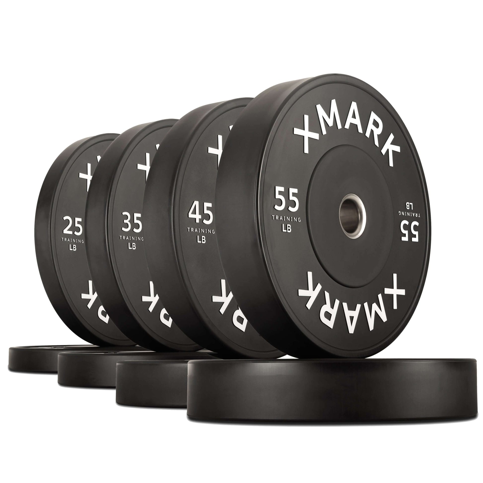Commercial black bumper plates in various weights (25, 45, 55 lbs) designed for durability and impact absorption.