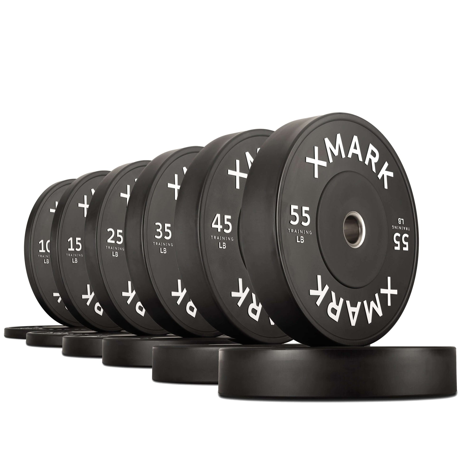 Commercial black bumper plates ranging from 10 to 55 lbs, designed for durability and consistent lifting performance.