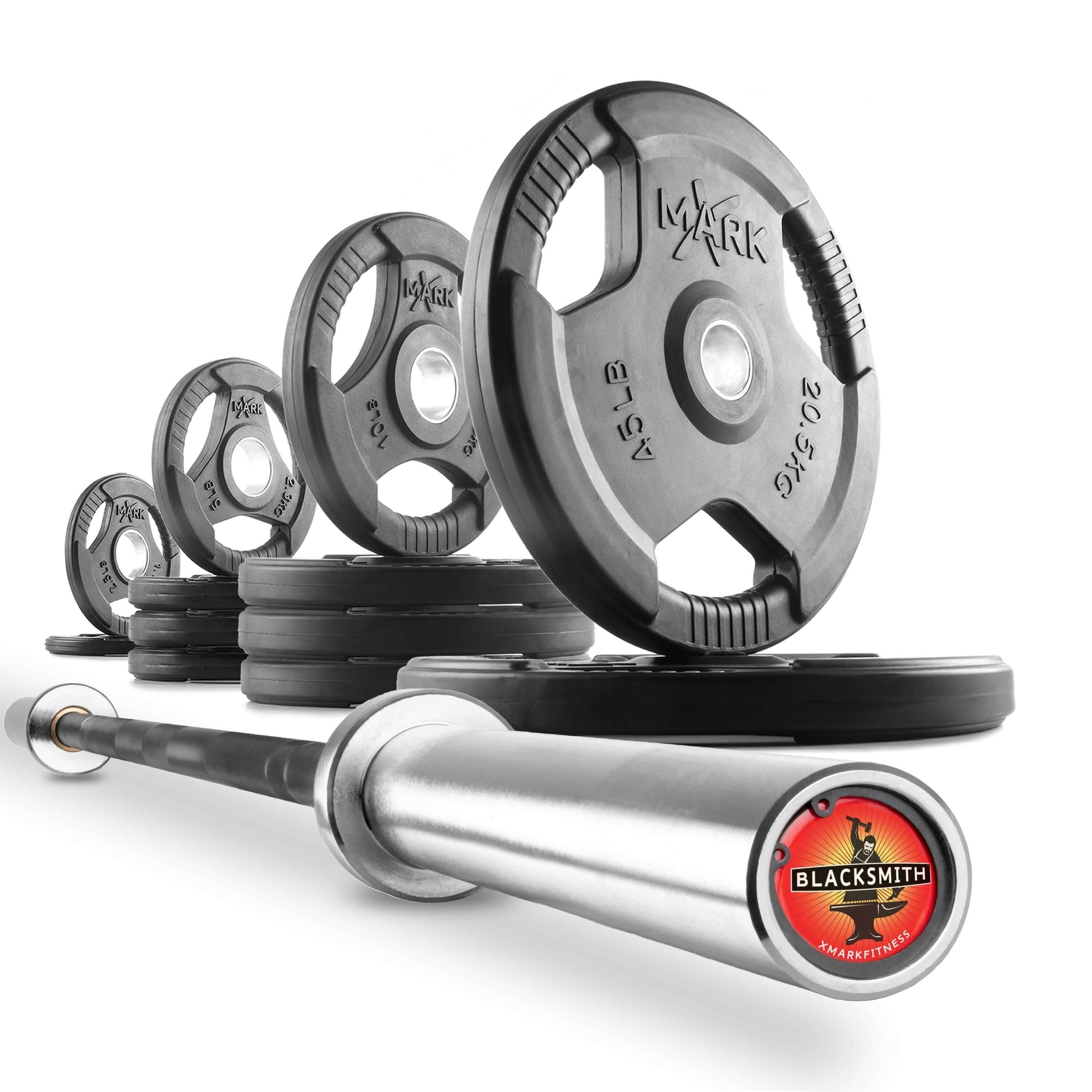 Tri-Grip Olympic weight plates and barbell set showcasing various weights suitable for strength training.