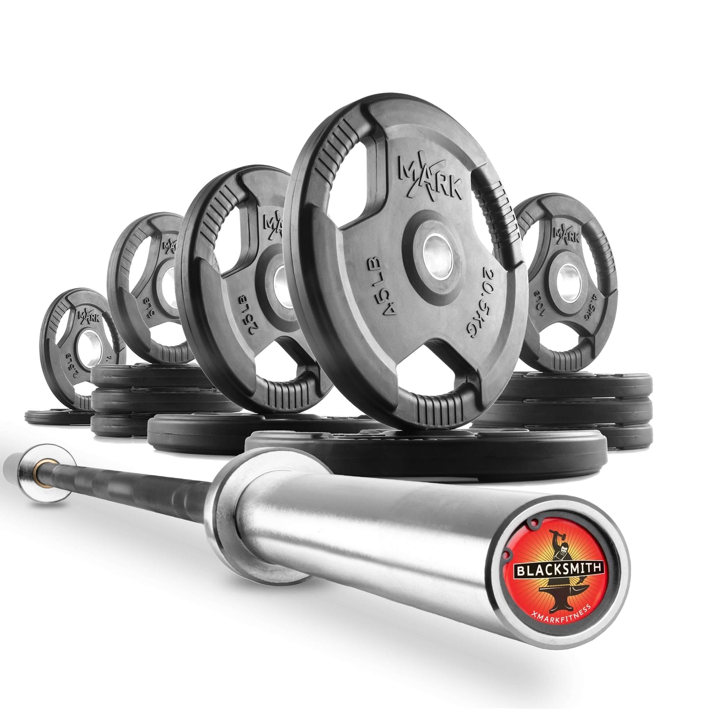 Tri-Grip Olympic weight plates stacked with a barbell, showcasing the set's design and materials for strength training.
