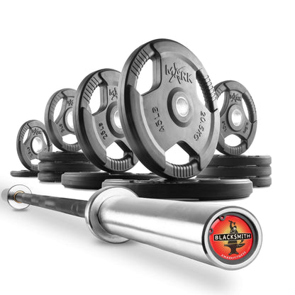 Tri-Grip Olympic weight plates stacked with a barbell, showcasing the set's design and materials for strength training.
