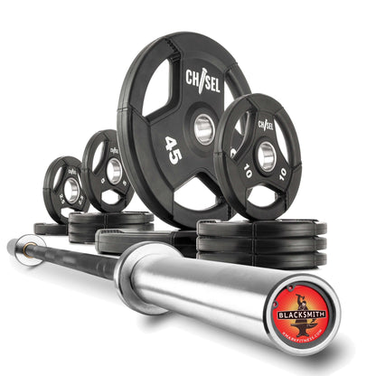 Chisel Olympic weight plates and barbell set showcasing various weight plates and a sturdy bar for home gyms.