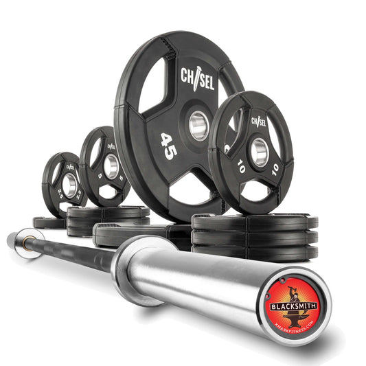 Chisel Olympic weight plates and barbell set showcasing various weight plates and a sturdy bar for home gyms.