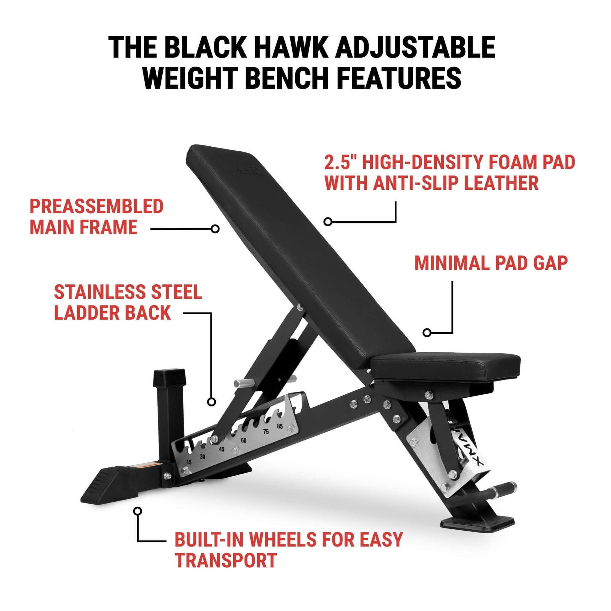 Black Hawk Adjustable Weight Bench features with foam pad, stainless steel ladder back, and built-in wheels for easy transport.