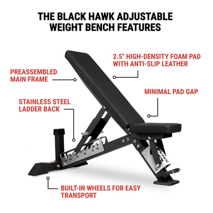 Black Hawk Adjustable Weight Bench features with foam pad, stainless steel ladder back, and built-in wheels for easy transport.