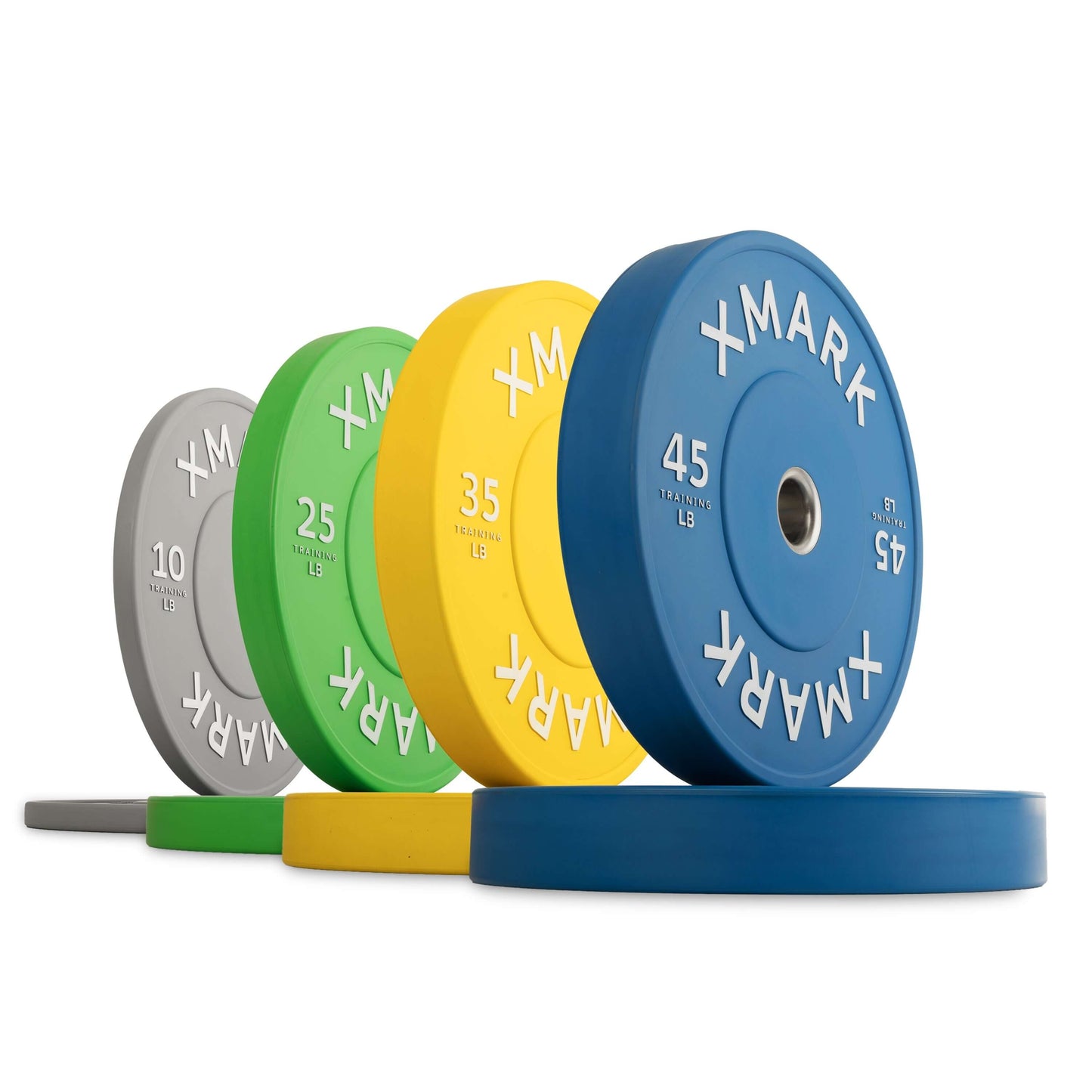 Commercial color bumper plates in various weights, designed for durability and precision in weightlifting workouts.