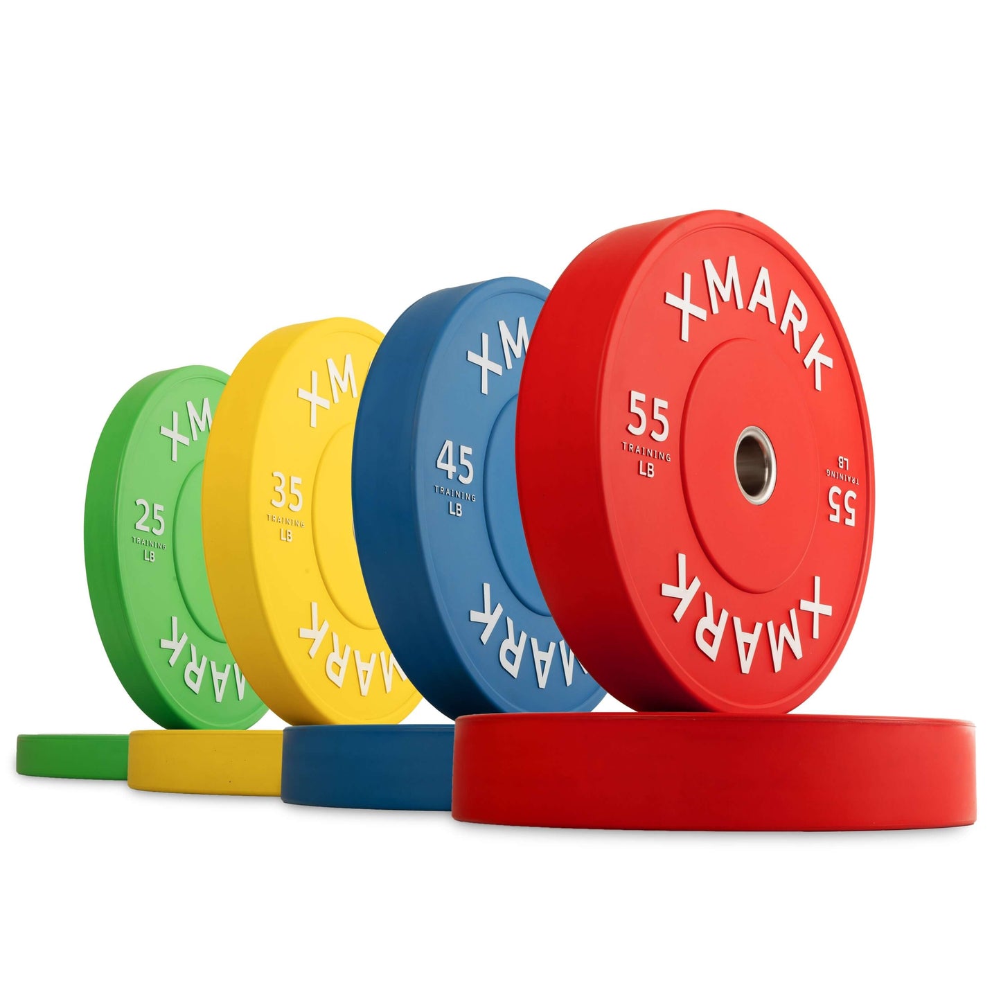 Colorful commercial bumper plates ranging from 25 to 55 lbs, designed for durability and consistent weight tolerance.