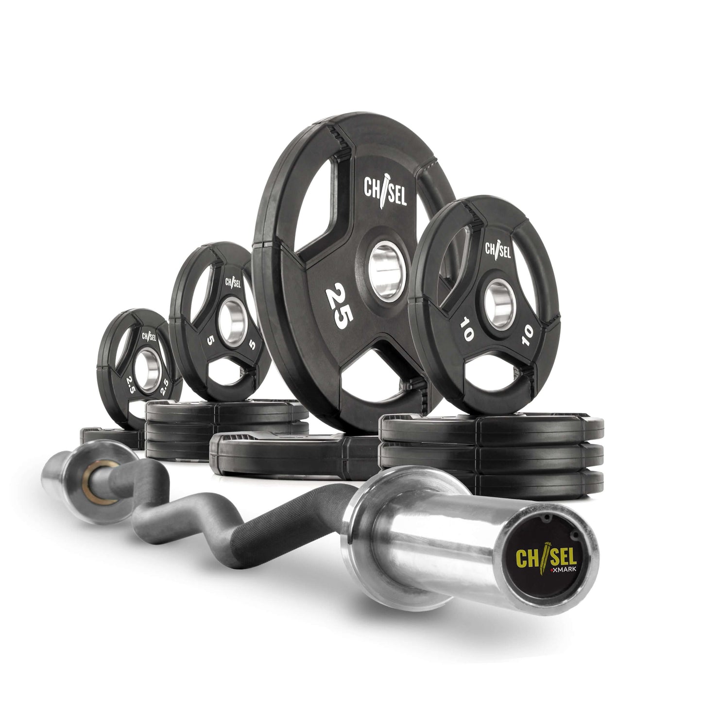 Chisel Olympic weight plates and curl barbell set on a white background, featuring various plate weights and a curl bar.