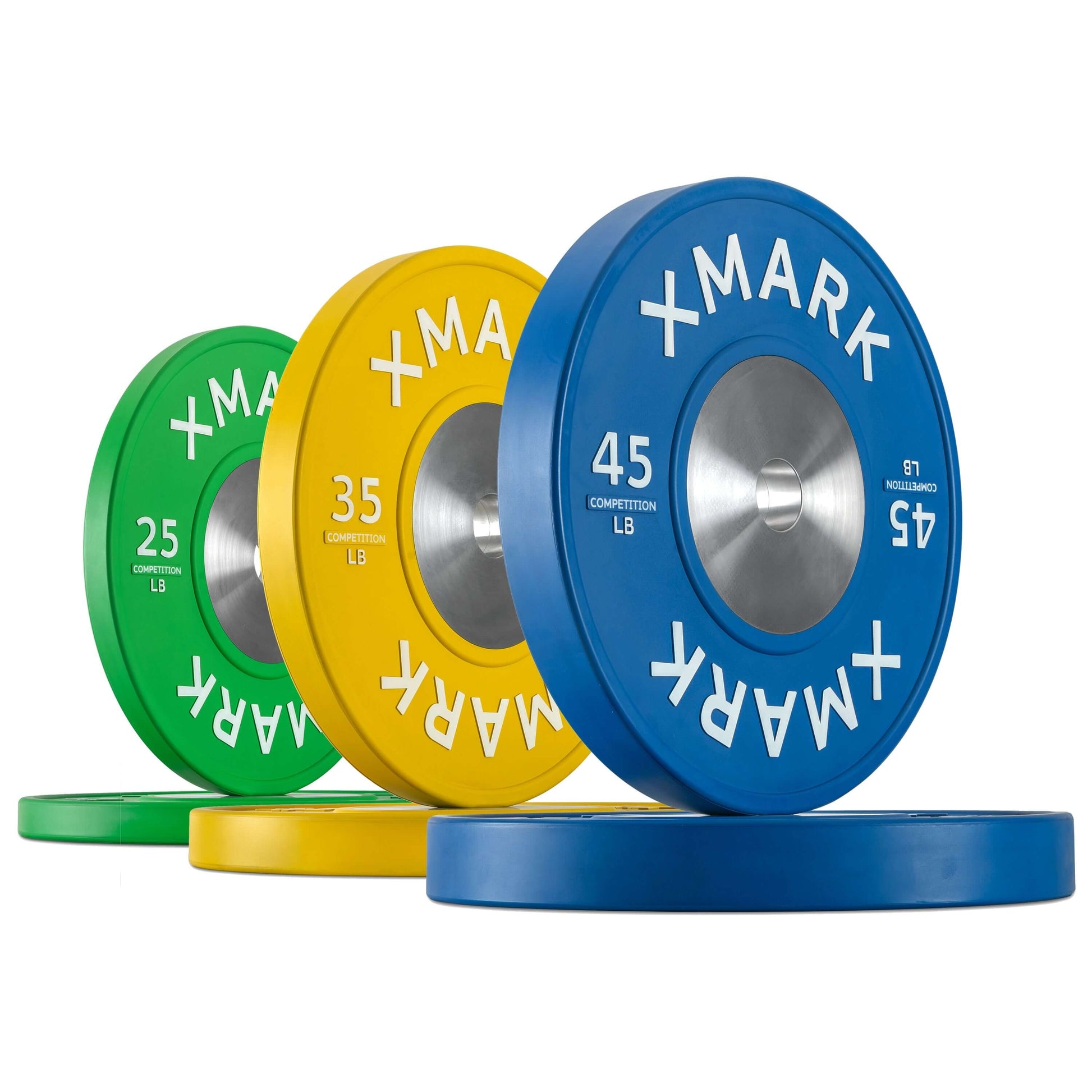 Colorful competition bumper plates in various weights (25, 35, 45 lb) showcasing premium design and durability.