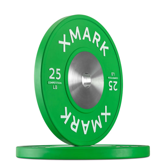 XMARK 25 lb competition bumper plate in green; offers precise weight tolerance for lifting.