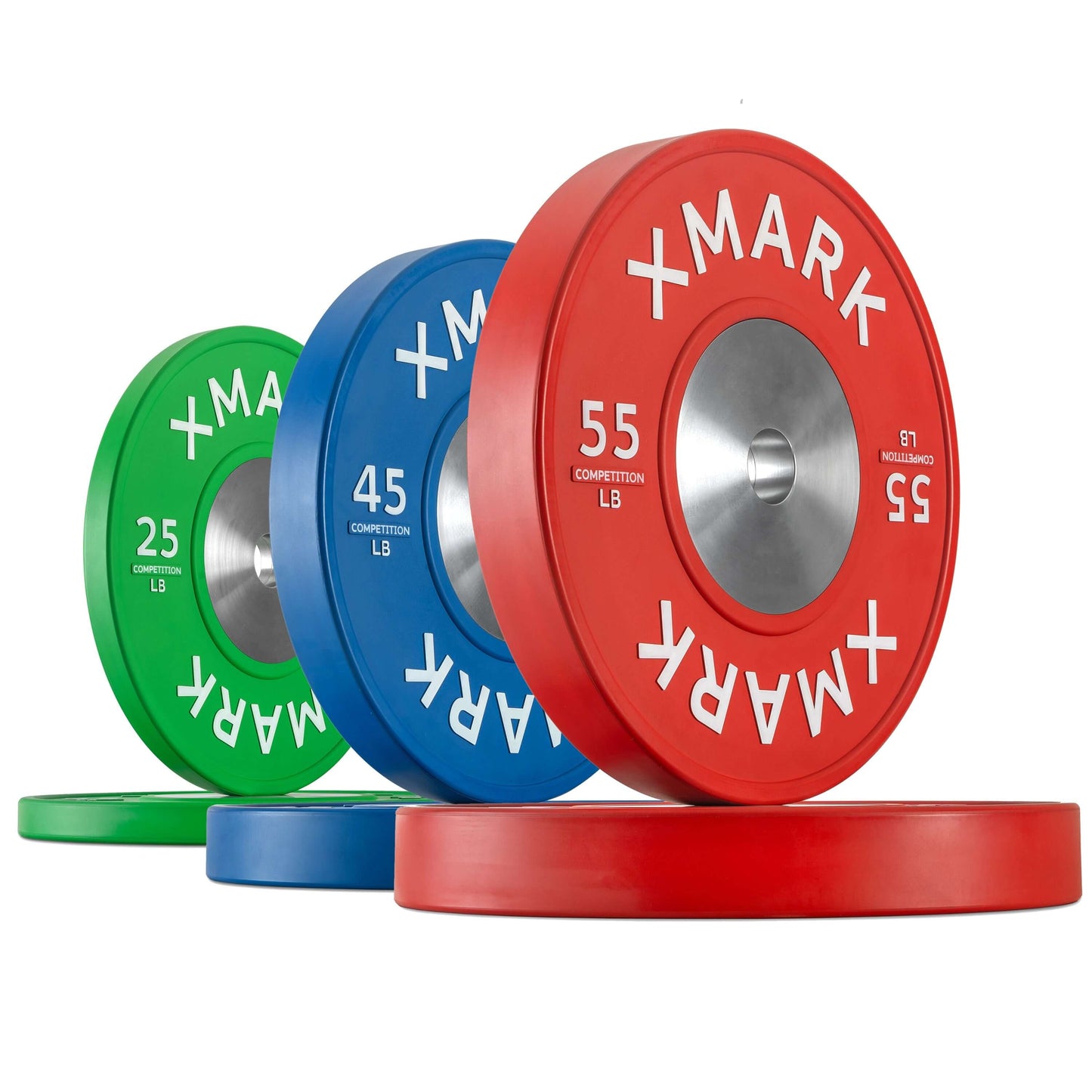 Colorful competition bumper plates in 25 lb, 45 lb, and 55 lb sizes, showcasing premium quality for weightlifting.