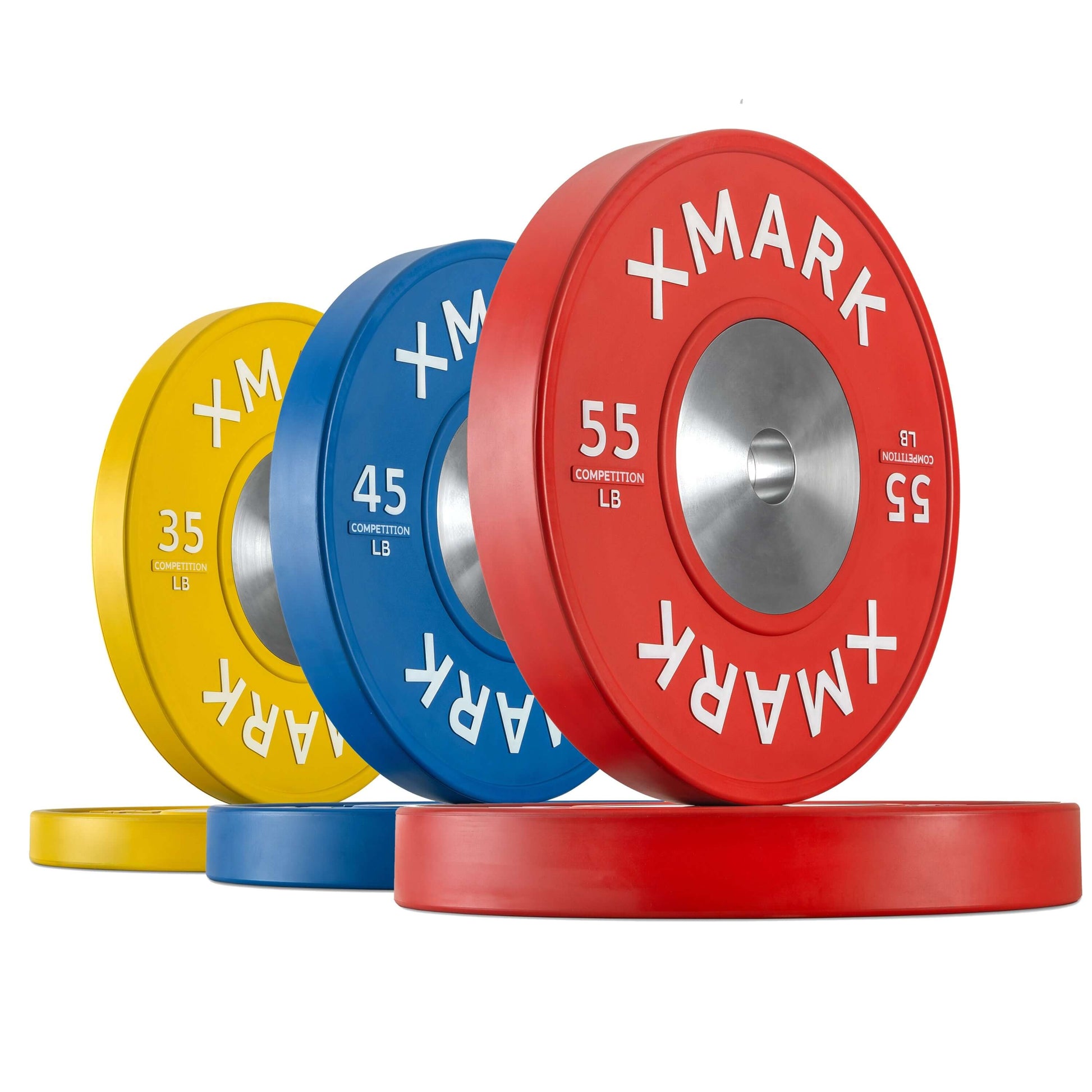 Premium competition bumper plates in red, blue, and yellow, showcasing weights of 35, 45, and 55 lbs for weightlifting.