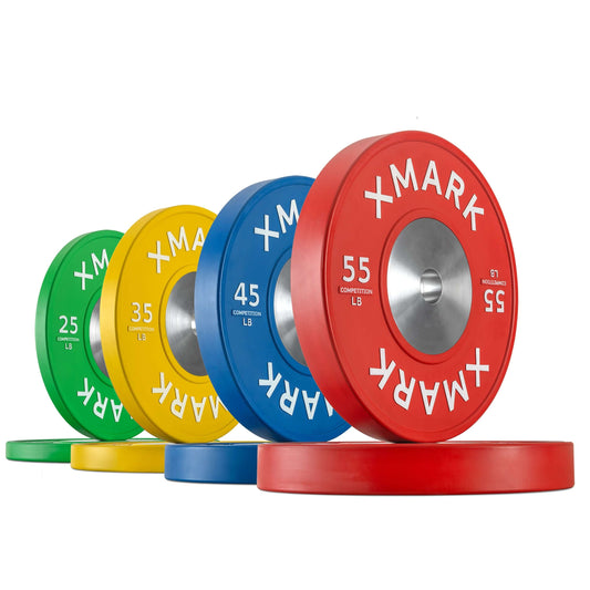 Premium competition bumper plates in various weights (25, 35, 45, 55 LB) in vibrant colors for gym use.