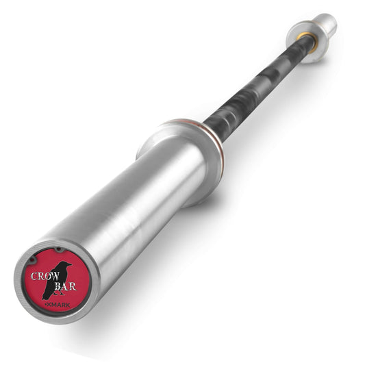 Close-up of a Crowbar 7ft Olympic weightlifting bar with a sleek design and logo, illustrating premium construction.