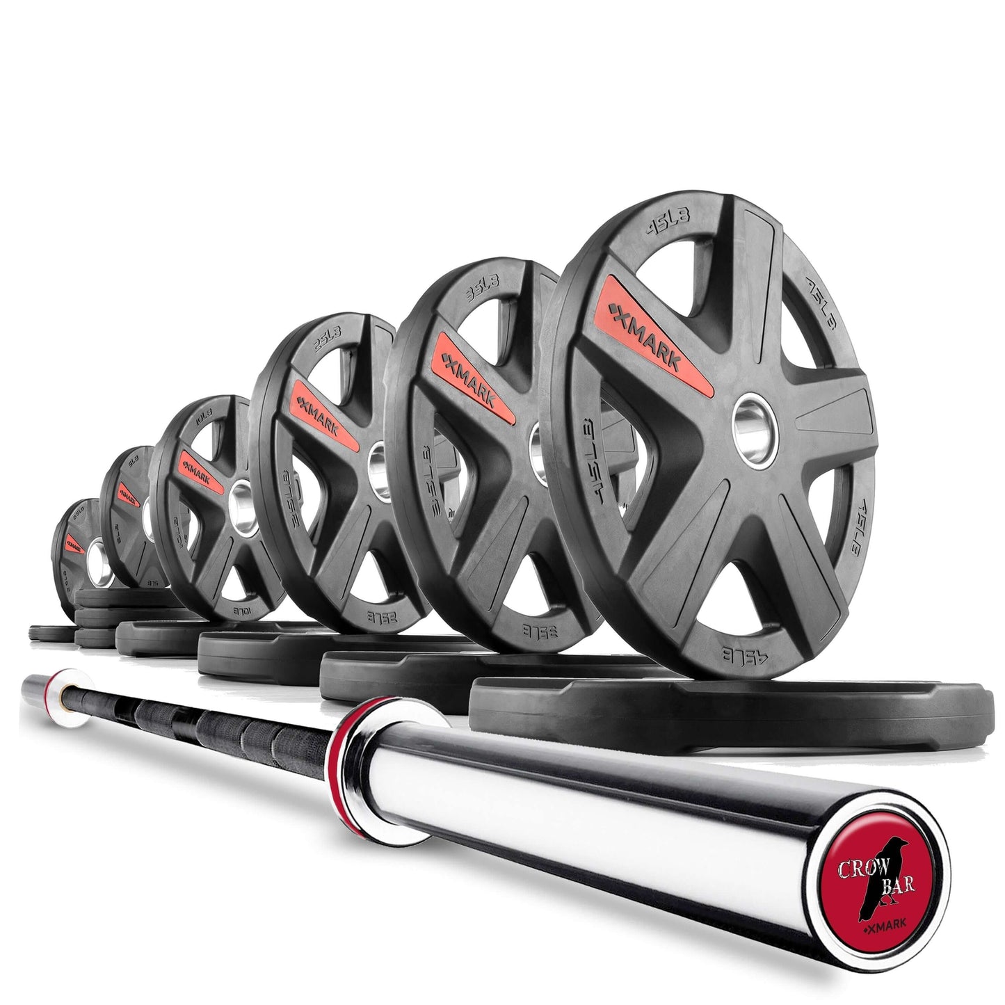 Set of Texas Star Olympic weight plates and barbell, showcasing various weights lined up for easy selection.