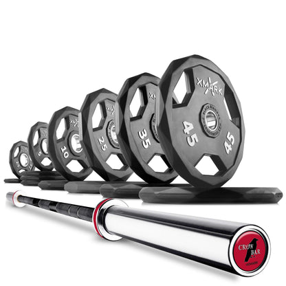 Black Diamond Olympic weight plates arranged with a barbell, showcasing various weights for strength training.