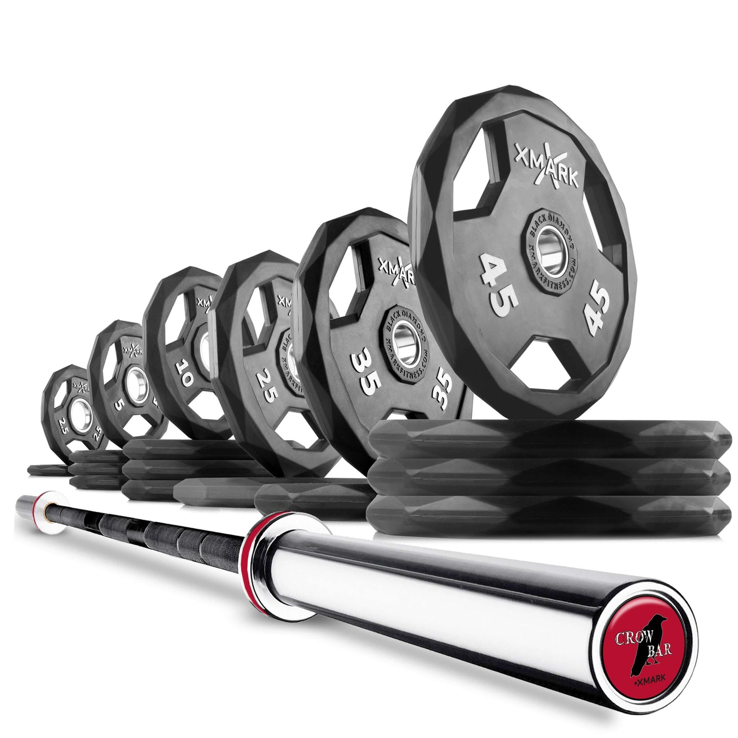 Black Olympic weight plates stacked by size alongside a chrome Olympic barbell for weightlifting.