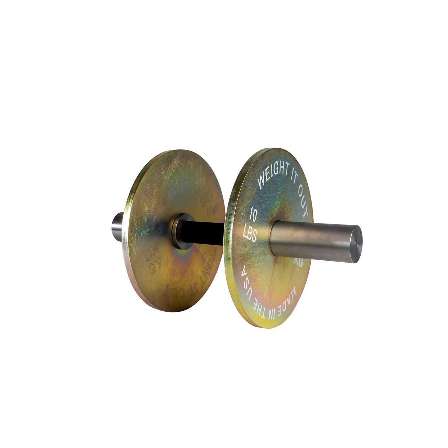 Solid Steel Loadable Dumbbell Sets - perspective view of loaded dumbbell 10 lbs (gold)