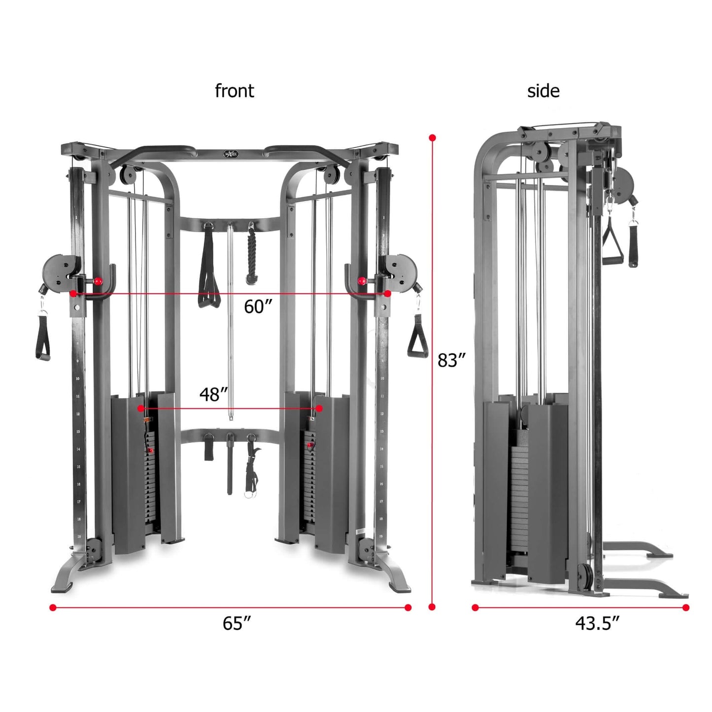 Functional trainer cable machine dimensions from front and side views, showcasing adjustable weights and durable design.