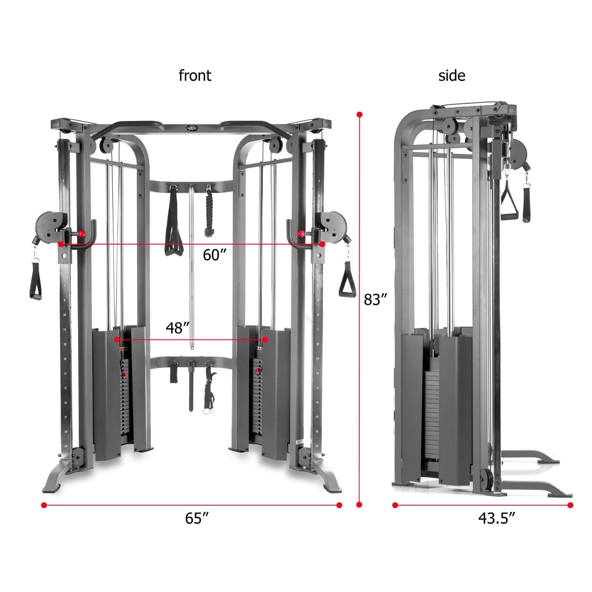Functional trainer cable machine dimensions from front and side views, showcasing adjustable weights and durable design.