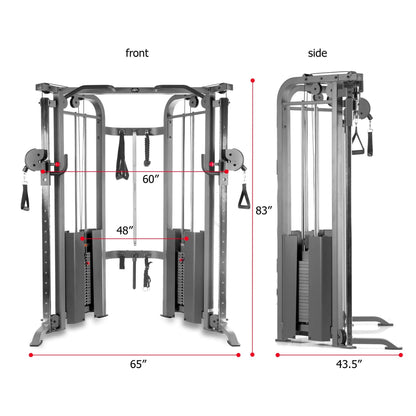 Functional trainer cable machine dimensions from front and side views, showcasing adjustable weights and durable design.