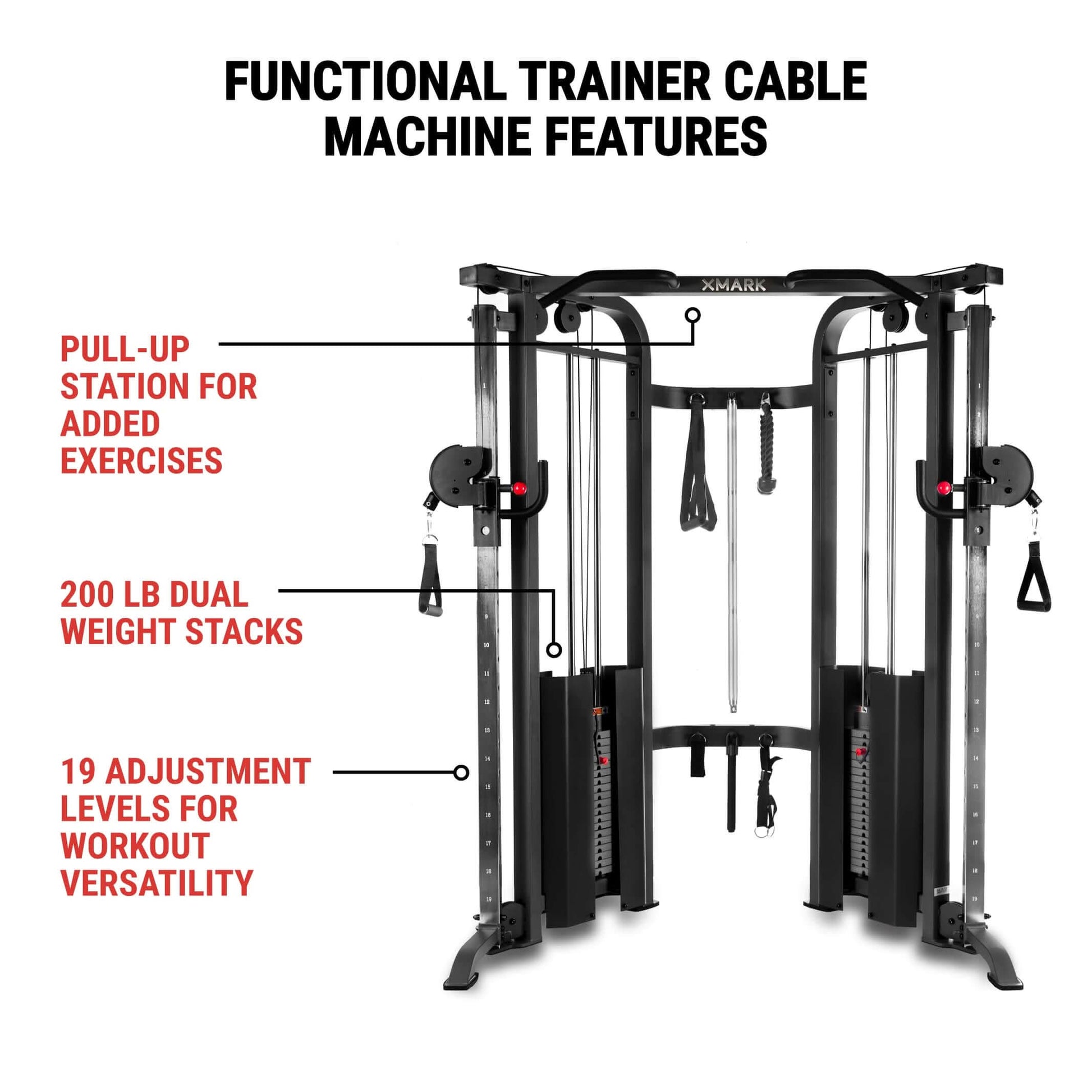 Functional trainer cable machine features dual 200 lb weight stacks, pull-up station, and 19 adjustment levels for versatile workouts.