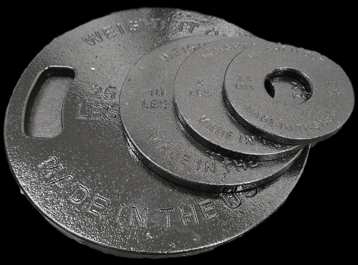 Cast Iron Machined Weight Plate Sets - top view with weights staggered (clear finish)