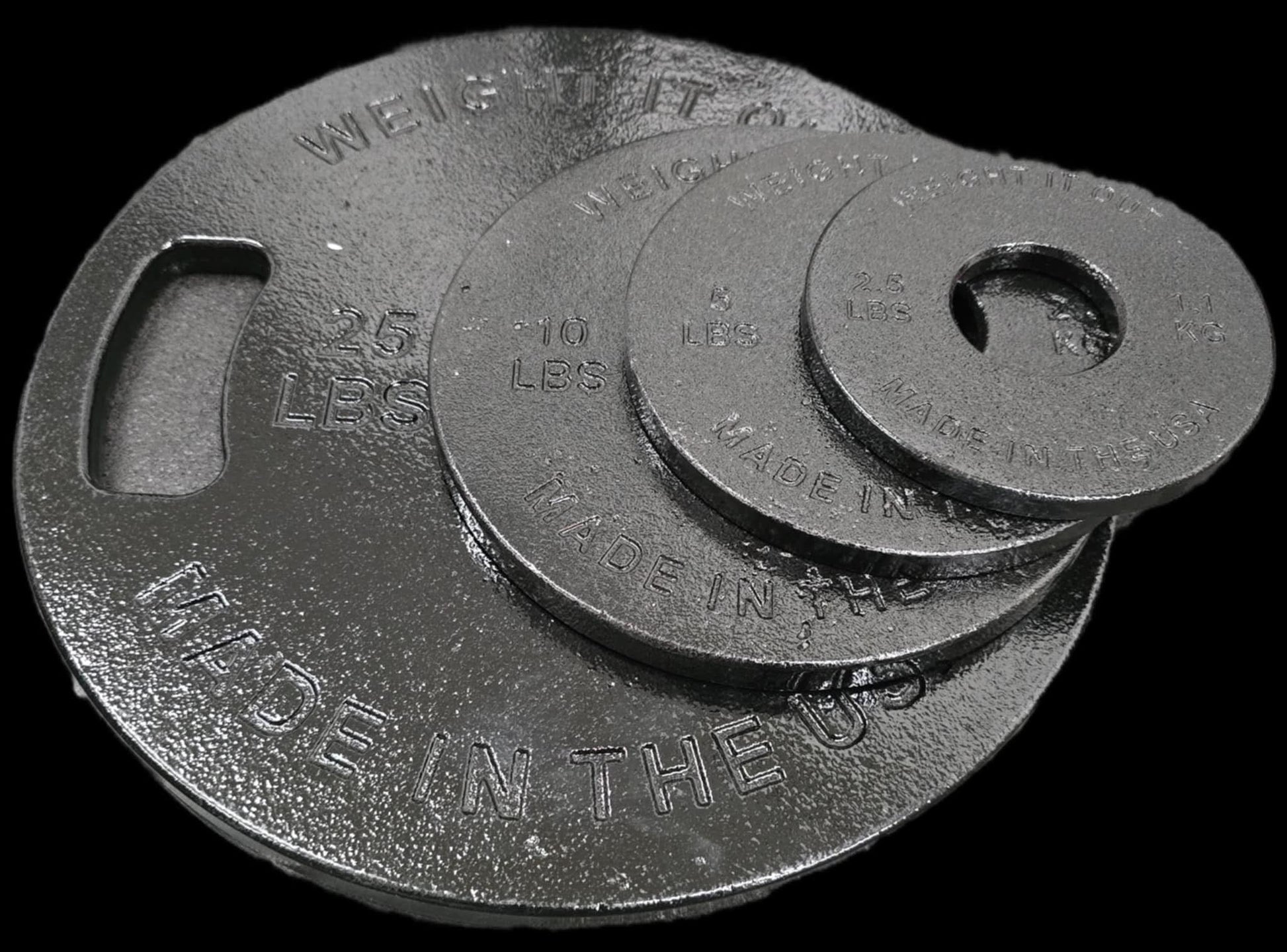 Cast Iron Machined Weight Plate Sets - top view with weights staggered (clear finish)
