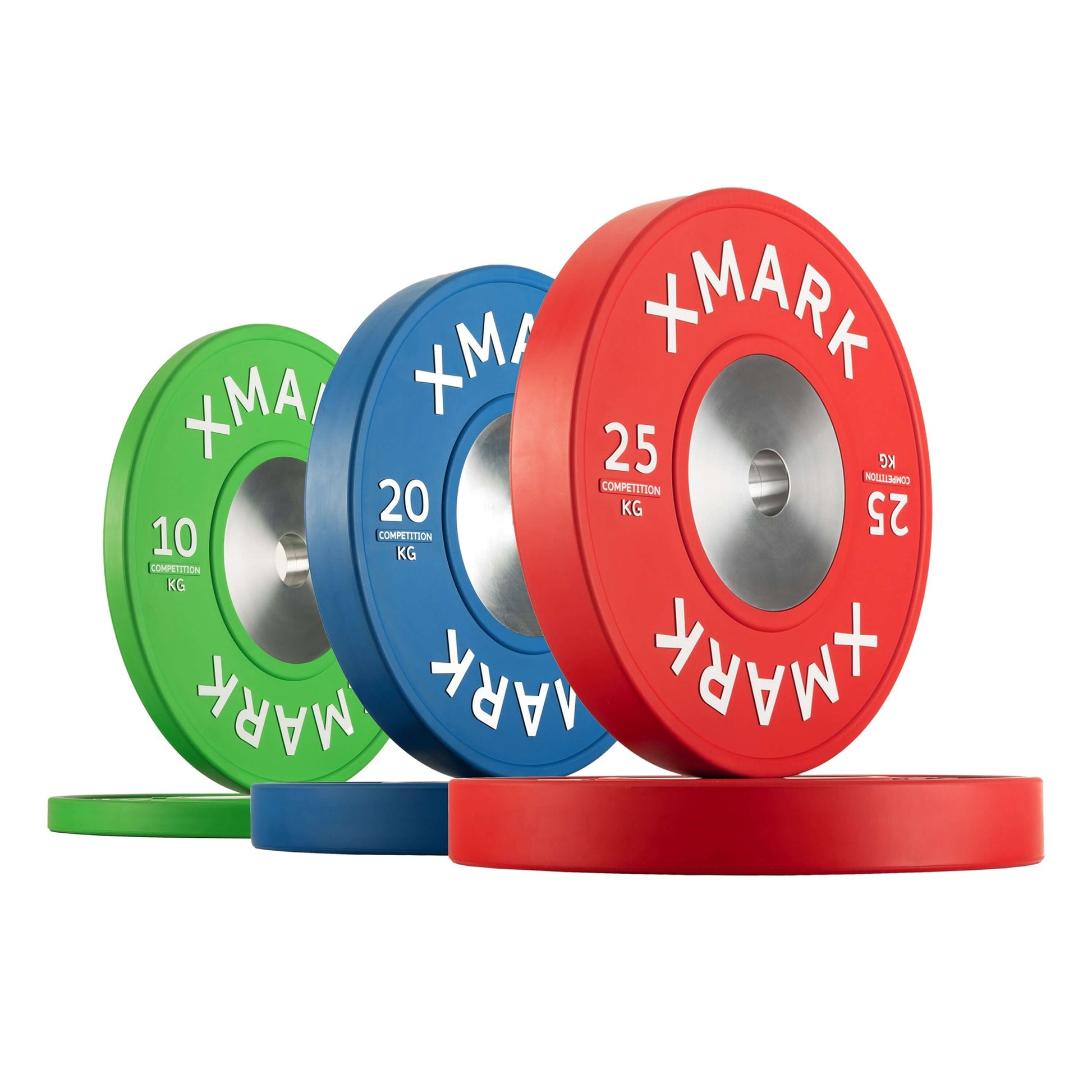 Premium competition bumper plates in green, blue, and red colors, displaying weight indicators for easy recognition.