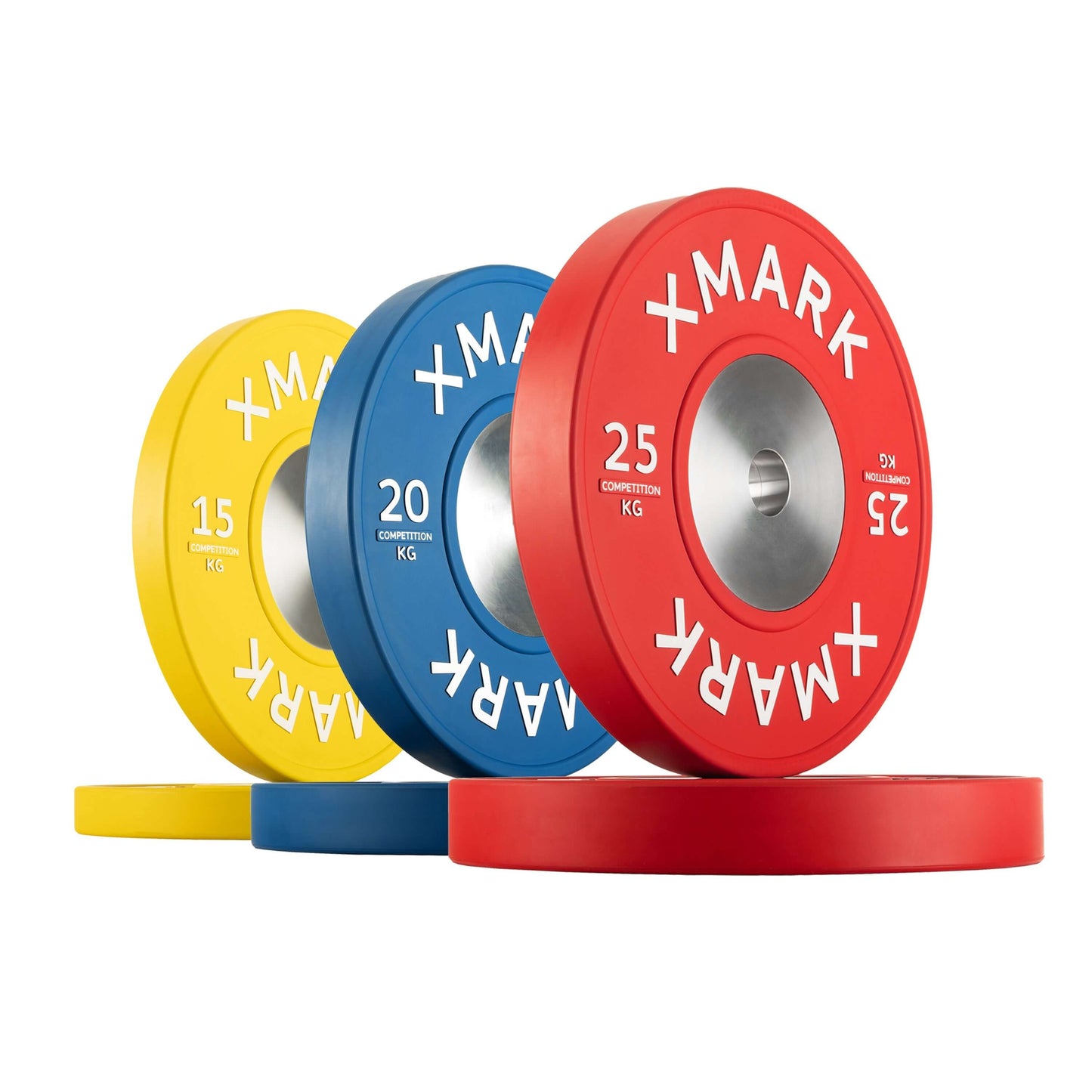 Premium competition bumper plates in various weights (15kg, 20kg, 25kg) with IWF color coding for easy weight identification.