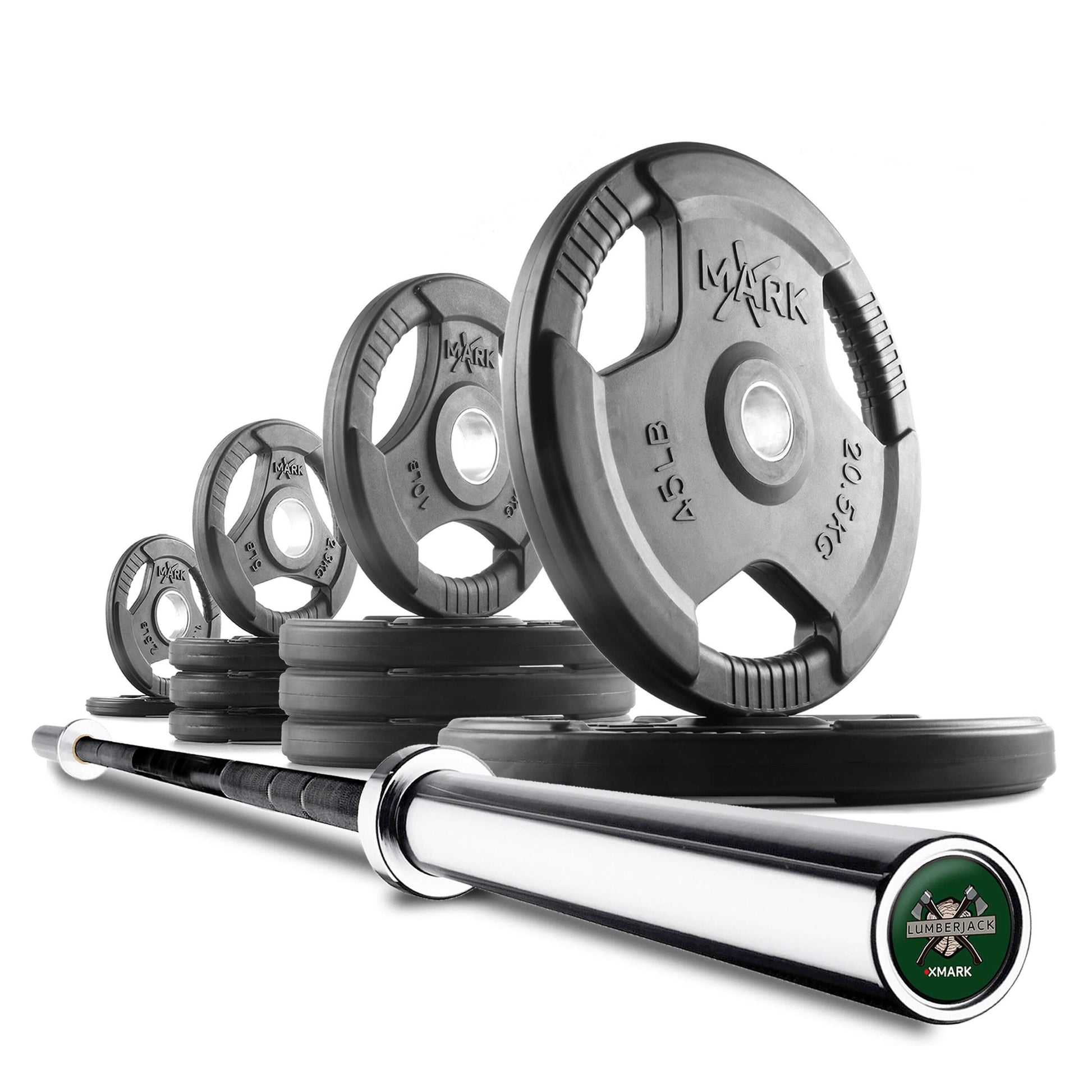 Tri-Grip Olympic weight plates and barbell set arranged for fitness training, showcasing different weights and a sleek bar.