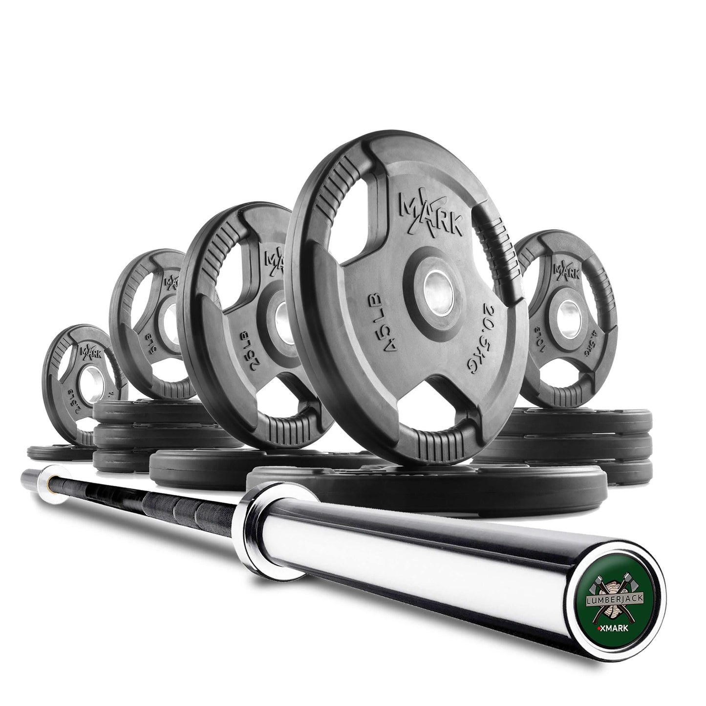 Tri-Grip Olympic weight plates and barbell set, featuring various weights for strength training.