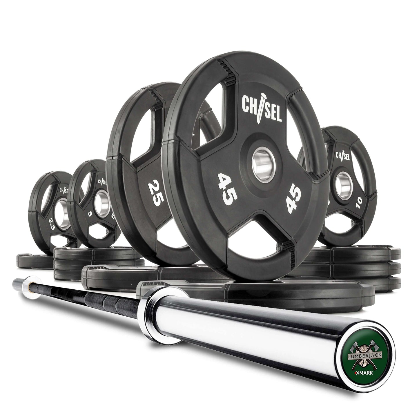 Chisel Olympic weight plates set with various weights and a sturdy Olympic bar, ideal for home gym workouts.
