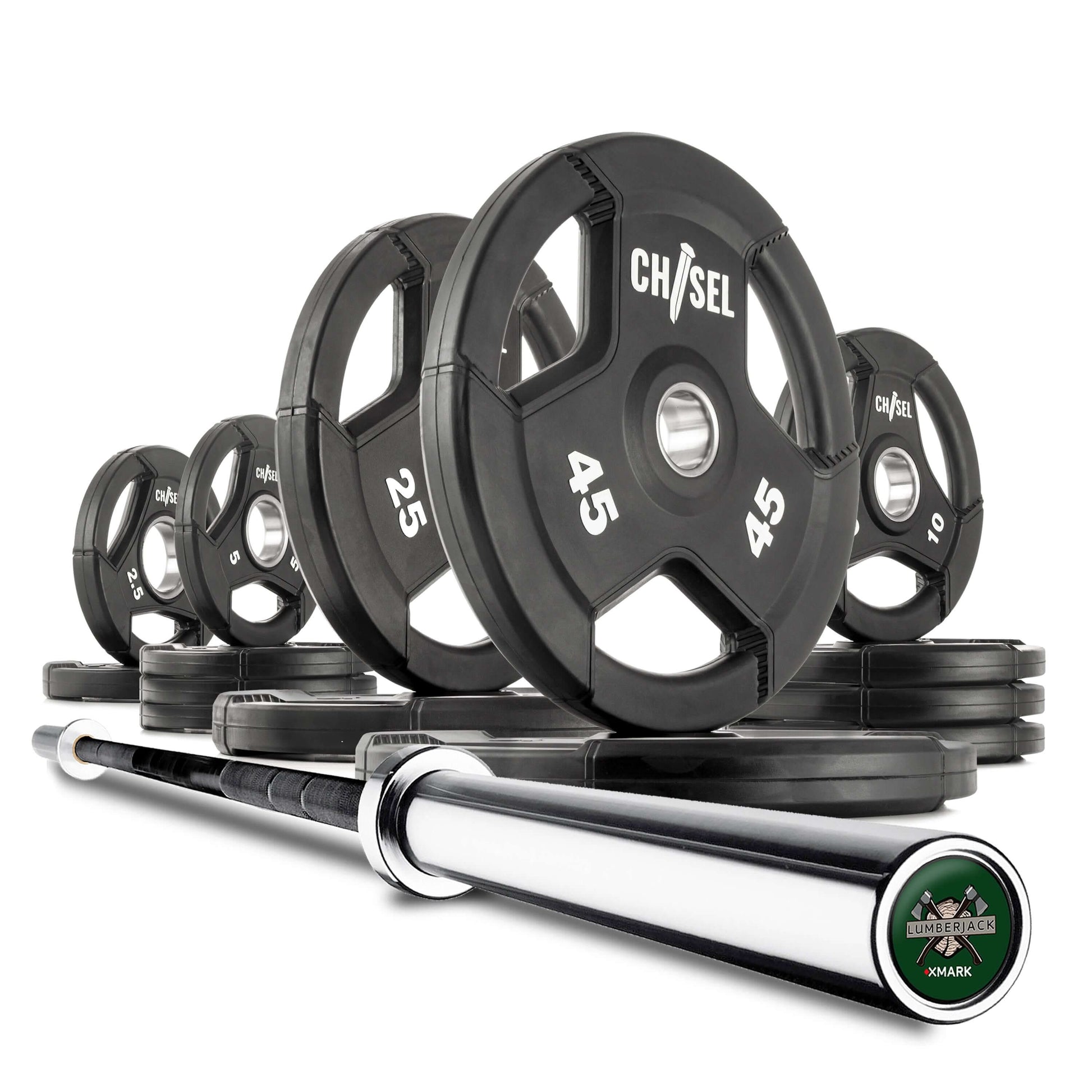 Chisel Olympic weight plates set with various weights and a sturdy Olympic bar, ideal for home gym workouts.