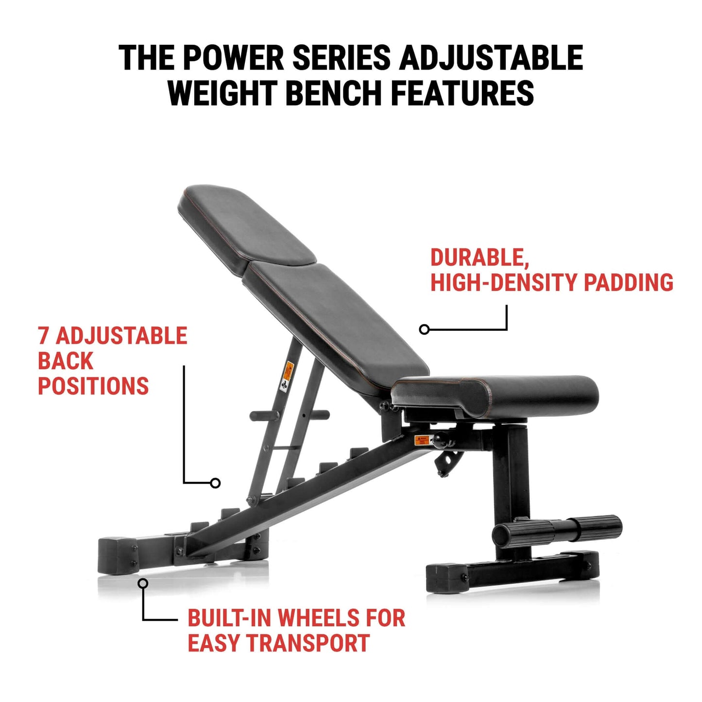Power Series Adjustable Dumbbell Weight Bench with 7 back positions and durable padding.