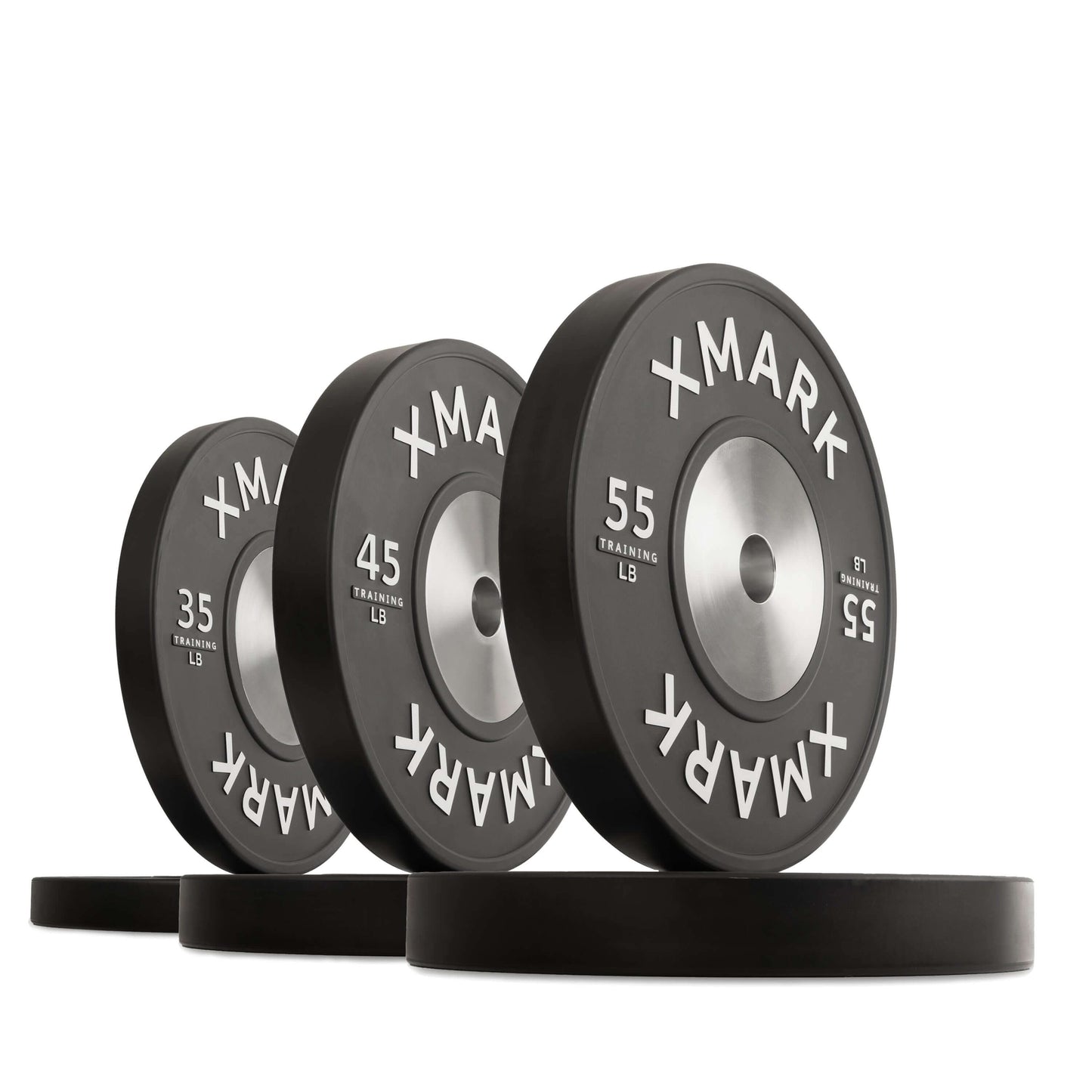 Black premium training bumper plates in various weights, showcasing durability and precise engineering for weight lifting.