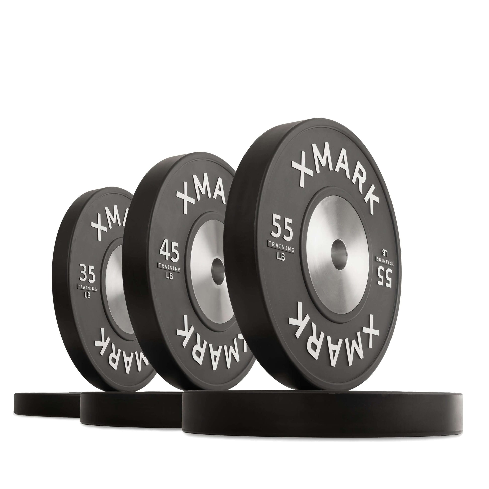 Black premium training bumper plates in various weights, showcasing durability and precise engineering for weight lifting.