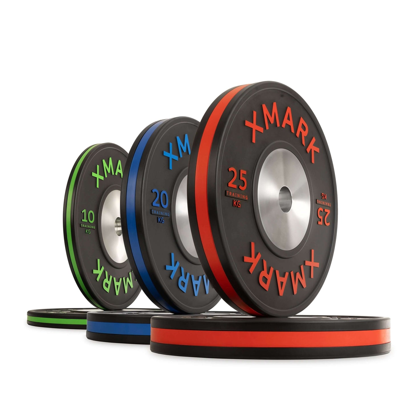Set of colorful XMARK IWF training bumper plates in various weights: 10kg, 20kg, 25kg, and 30kg, showcasing precision design and color coding.