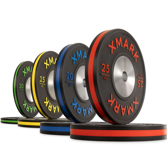 Five color-coded bumper plates in kilograms, showcasing varying weights, ideal for precision training and durability.